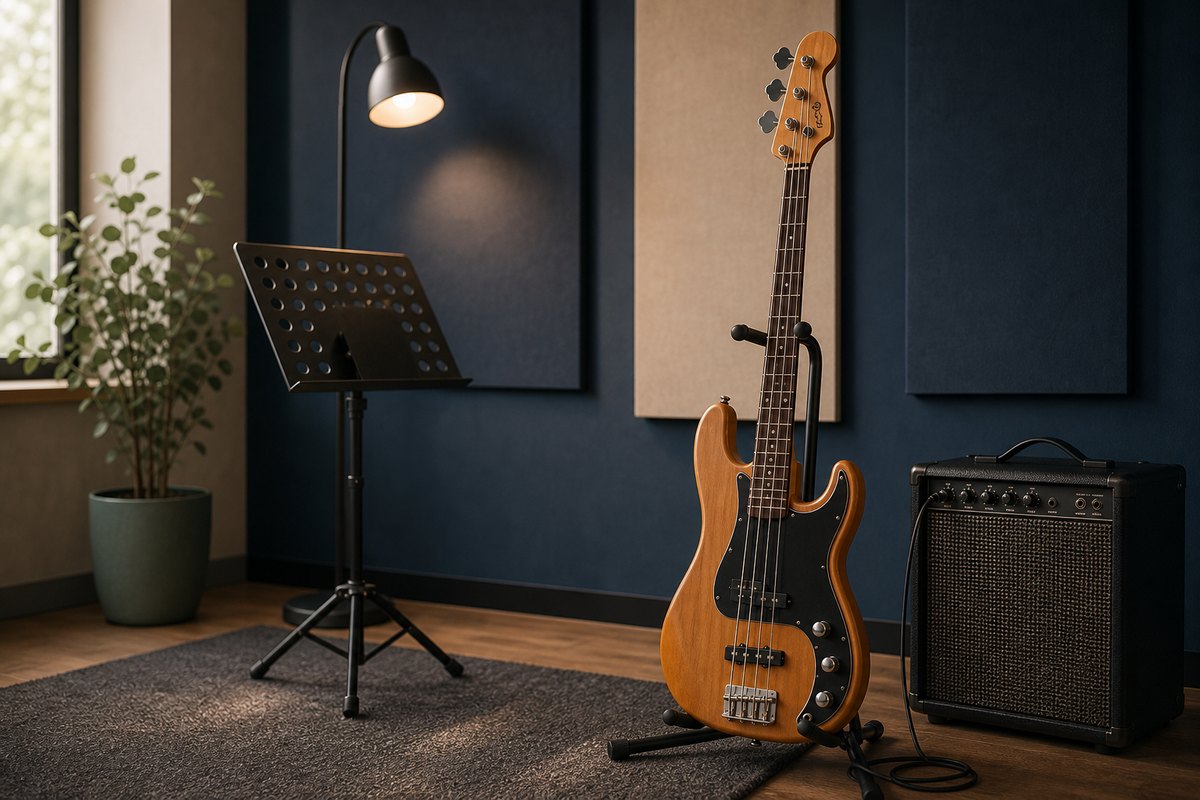 Basse et amplificateur dans une salle de répétition