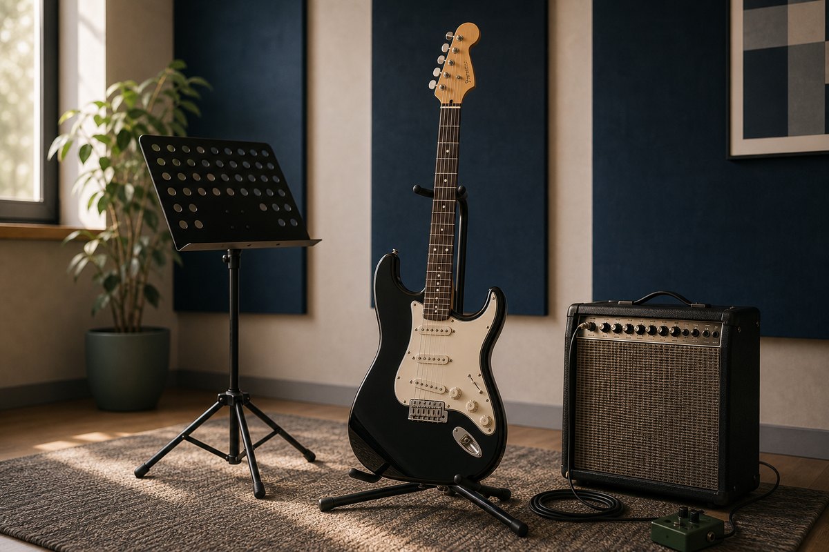 Guitare électrique et amplificateur dans une salle de répétition