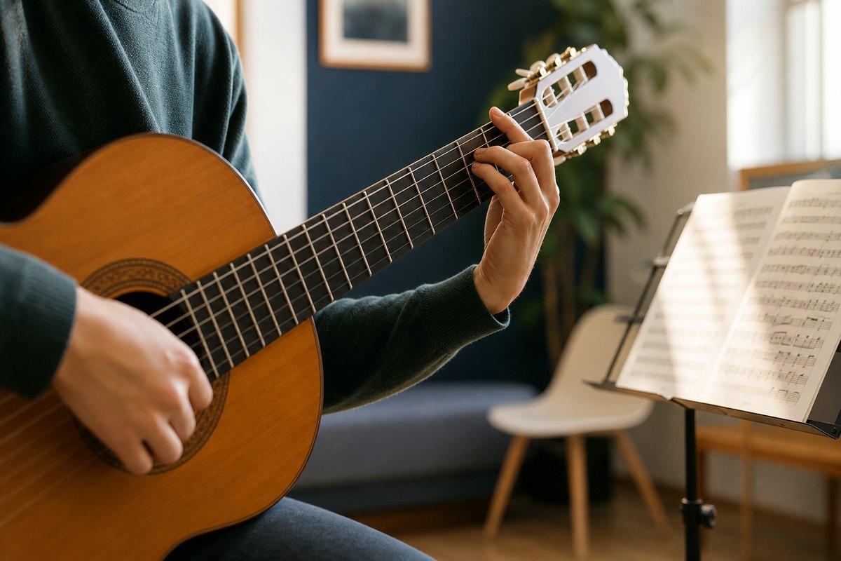 Guitare classique et partition dans une salle de cours