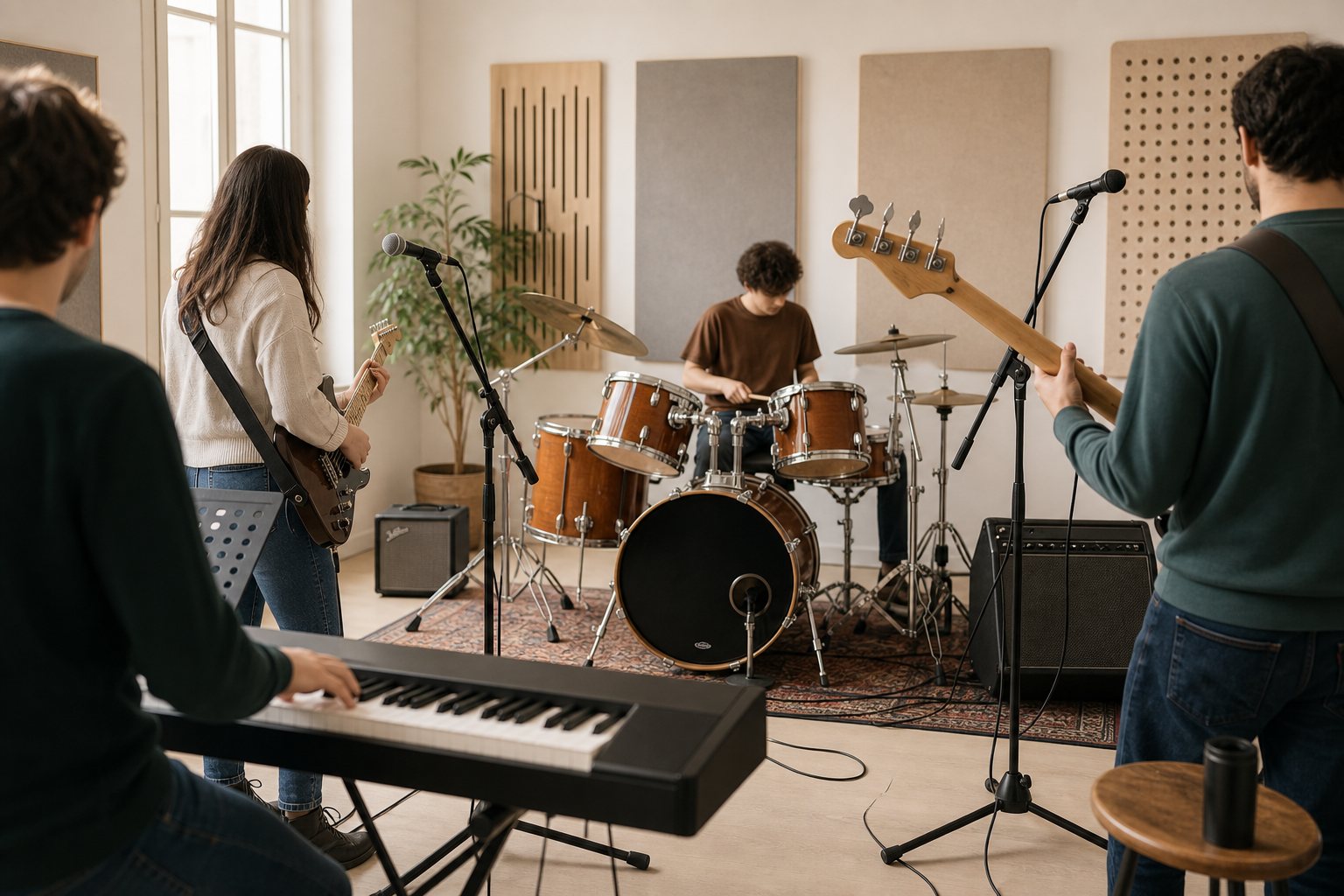 Groupe pop rock en répétition dans une salle de musique
