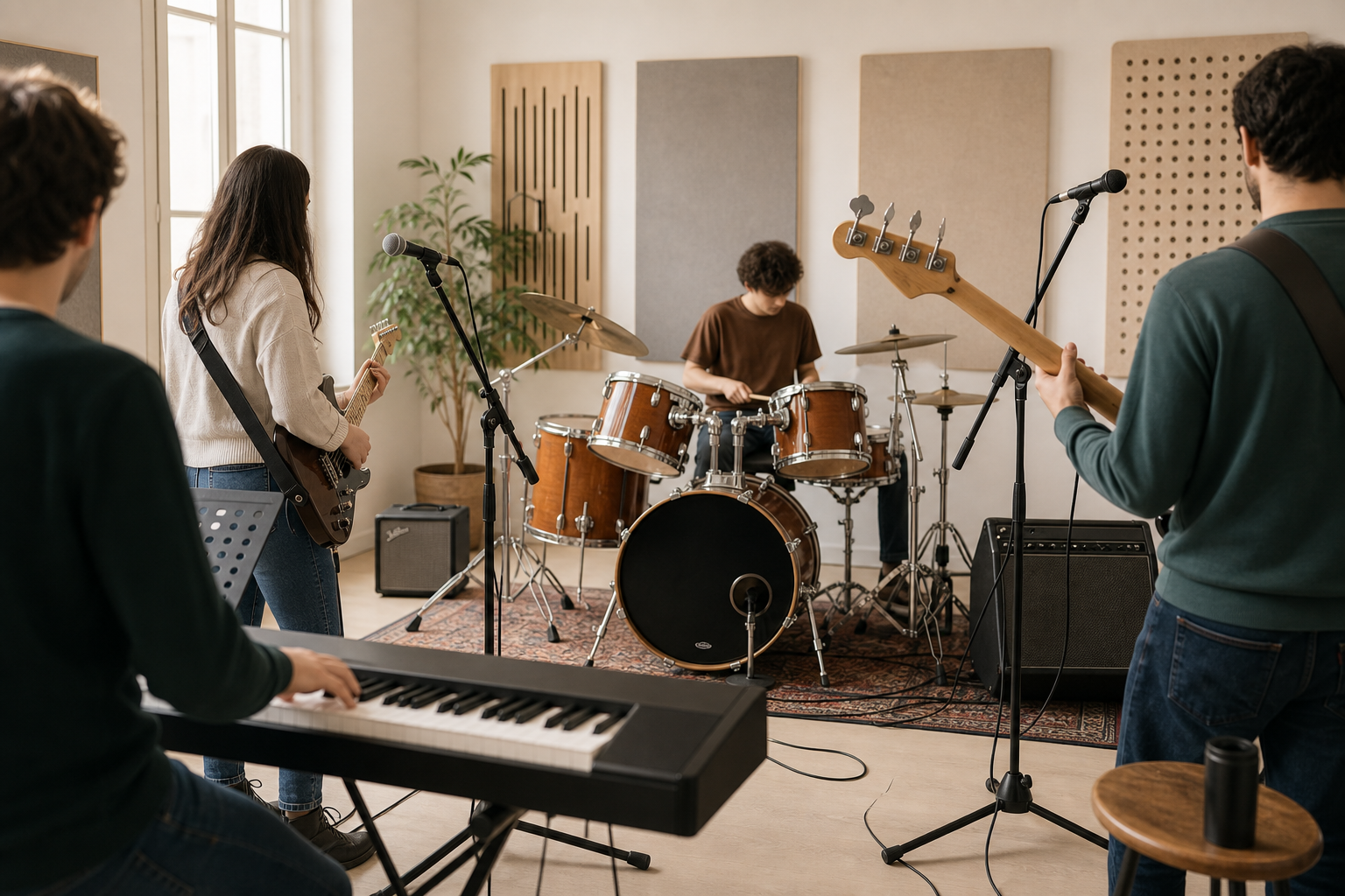 Groupe pop rock en répétition dans une salle de musique